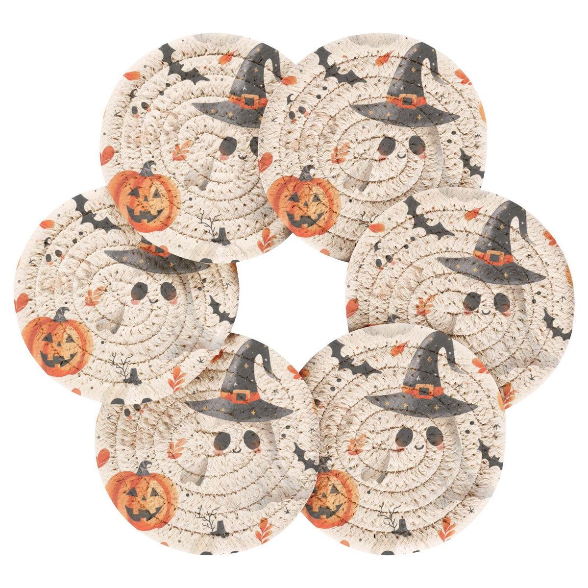 Msyxl Cute Halloween Drink Coasters Set - 6 Pcs Minimalist Woven Coasters with Holder for Home Decor, 3.94 Inch Absorbent Coasters for Drinks