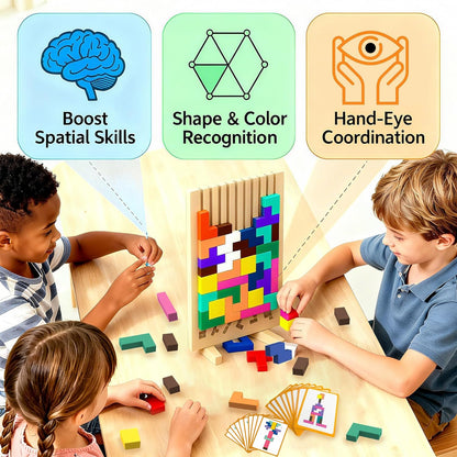 Wooden Block Puzzle Montessori Toys, Colorful Stacking Game Brain Teaser Puzzles for Toddlers and Kids with 20 Cards, Educational Wooden Toy Gifts for 3 4 5 6 7 8 Year Old Boys and Girls