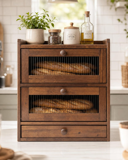 Natapai Wooden Bread Storage Box For Kitchen Countertops, Double-Layered Large-Capacity Bread Box With Acrylic Viewing Window And Cutlery Storage Box-Natual wood color