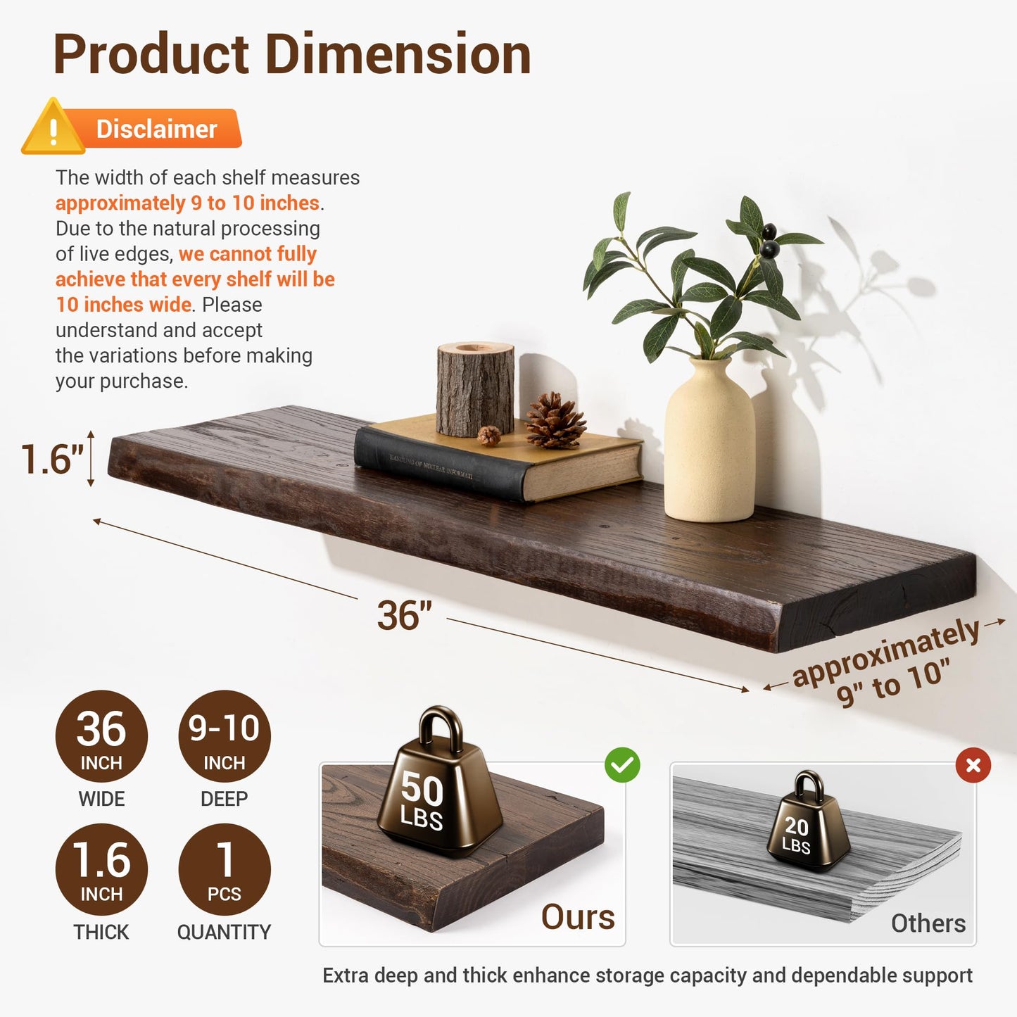 fuqing Solid Elm Wood Floating Shelves for Wall - 36 Inch Wide x 9 Inch Deep Rustic Live Edge Floating Shelves Wall Mounted - Natural Wooden Shelves with Upgraded Heavy Duty Brackets and Anchors