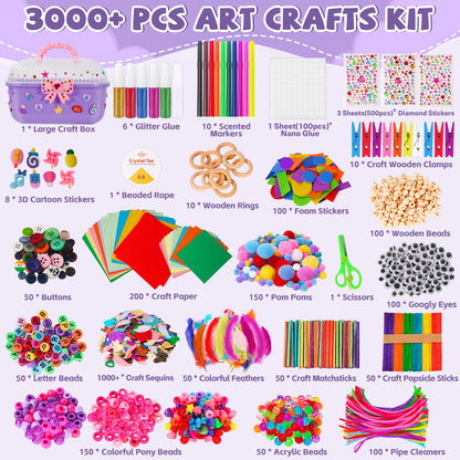 VERYHDSN Arts and Crafts Supplies for Kids-3000+ Pcs DIY Arts & Craft Kit for Boys Girls Ages 4 5 6 7 8 9 10 11 12, 25+Types Craft Materials Bulk, Larage Craft Box Set, Fun&Creative Gift