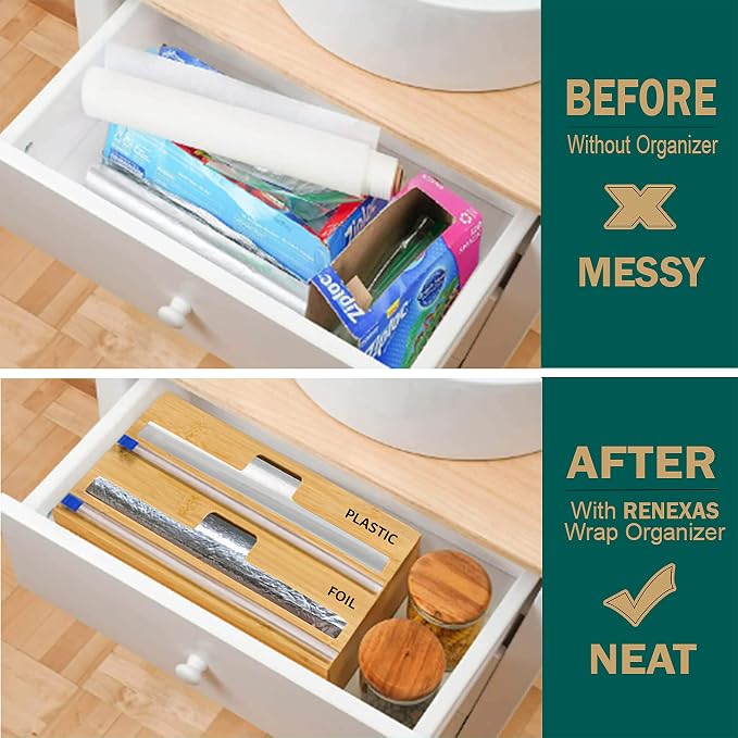 Foil and Plastic Wrap Organizer with Kitchen Aluminum Foil Holder, Cling Plastic Wrap Dispenser with Cutter and Labels, Bamboo Kitchen Wrap Organizer (2 in 1)