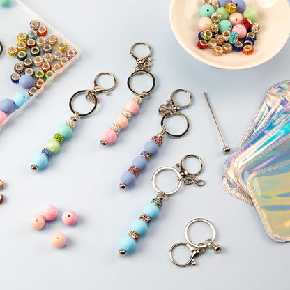 Qoroos 96pcs Beadable Keychains Set Bulk for Keychain Making Kit with Beadable Keychain Bar Silicone Beads Spacer Beads DIY Gifts for Women Men Crafts