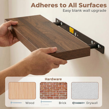 Venusmiles Floating Shelves for Wall, 20 Inch Floating Shelves Set of 2, 6.5" D Wooden Wall Mounted Display Shelves with Invisible Brackets for Living Room, Bedroom, Bathroom, Kitchen Decor, Walnut