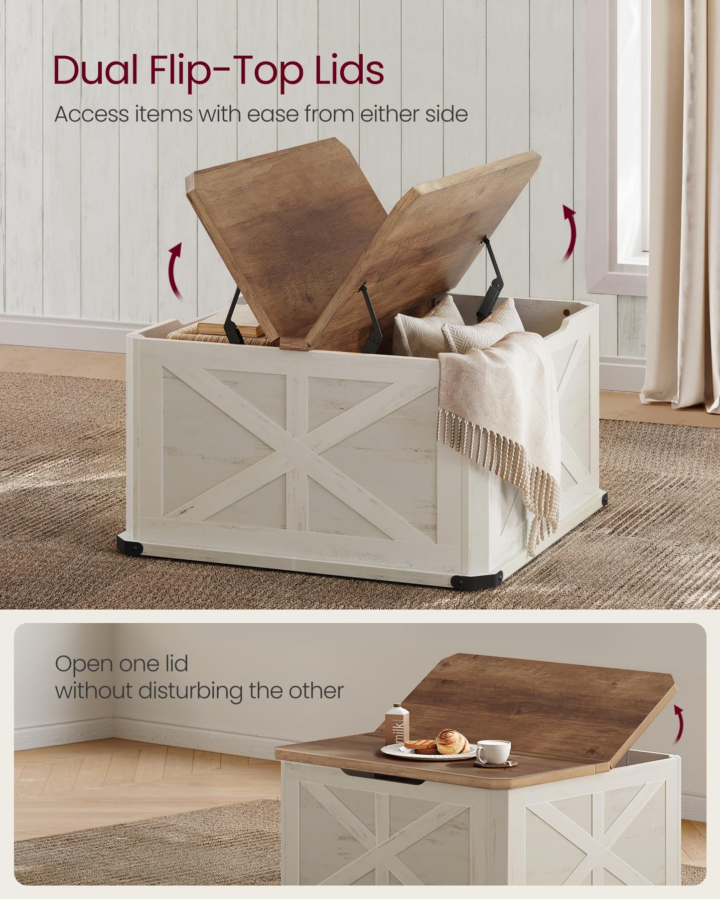 VASAGLE LIRY Collection - Farmhouse Coffee Table with Storage, Square Coffee Table for Living Room, Center Table with Flip-Top Lids, Honey Brown and Rustic White ULCT232W73