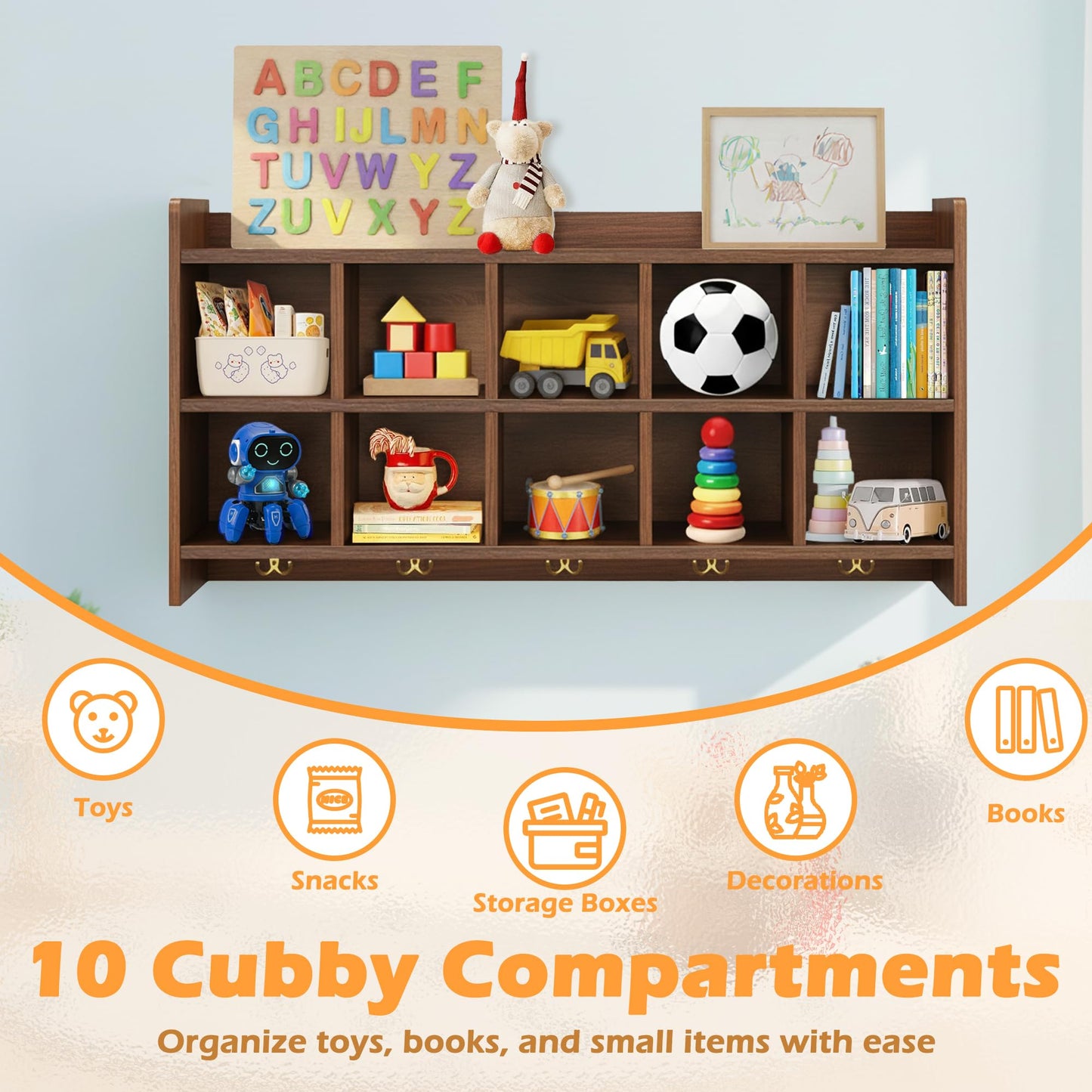 Verssure Wall Cubbies, 10 Cubby Storage Organizer with Coat Hooks, Cubbies for Classrooms,Wooden Cubby Shelf for Toys, Bags and Books, Used in School, Gym, Daycare Storge (Walnut)