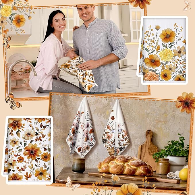 Geyoga 6 Pcs Spring Floral Kitchen Towels Flamingo Dish Hand Towels Sunflower