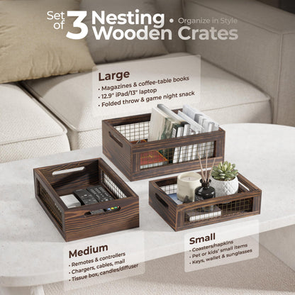 NAGAWOOD Set of 3 Wooden Nesting Countertop Baskets, Rustic Wood Storage Crates with Handles for Kitchen, Pantry, Bathroom, Fruit, Vegetables, Bread