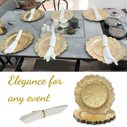 LEMELC Gold Plastic Charger Plates Set – 6 Reef-Style 13" Chargers with 6 White Napkins & 6 Gold Metal Rings – Party Charger Plates & Elegant Table Décor for Dinner Parties & Special Occasions