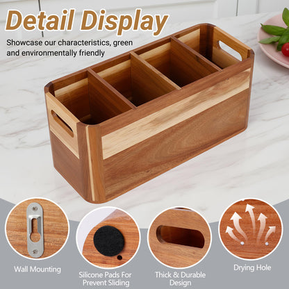 2PC Wooden Kitchen Utensil Holder for Countertop - Wall-mountable Large 4+3 Compartment Acacia Wood Organizer, Rustic Minimalist Utensil Crock for Cooking Tools and Flatware Storage