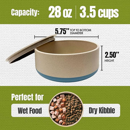 Palz&Co EcoBowl with Lid for Dogs & Cats, 28 oz Blue - Natural Bamboo Pet Bowl with Non-Slip Base, Pet Food and Water Dish, Dishwasher Safe