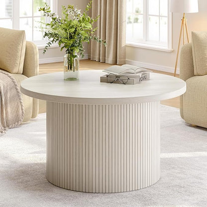 ONBRILL 31.5" Round Coffee Table, Tambour Design Coffee Tables for Living Room, Mid Century Modern Wood Coffee Table, Drum Accent Small Center Table, Natural White