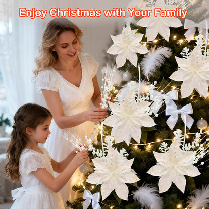 18 Pack Christmas Tree Ornaments Set, 17.5 Inch White Fake Christmas Picks Decorations with 2 Styles, Artificial Glitter Berry Stem Ornaments for Christmas Tree Wedding Small Vase Wreath Decor