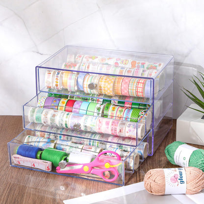 Wonderjune 1 Pack 3 Drawer Washi Tape Organizer Plastic Washi Tape Storage Cube Organizer Box 10 x 7 x 6.8 Large Capacity Clear Storage Drawer Holder for Art Craft Embellishments Jewelry Makeup