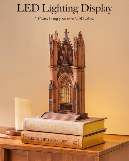 Rolife 3D Wooden Puzzle - Gothic Twin-Tower Cathedral Architecture Model with LED Lights, DIY Craft Building Kit for Adults, Unique Home Decor & Birthday for Hobbyists