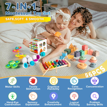 Somastung 7‑in‑1 Montessori Baby Toys for 6‑12 Months & 1+ Years, Infant Sensory Teething & Stacking Blocks | Wooden Shape Sorter, Xylophone Musical Toy, Birthday Gift for Toddlers 1‑3