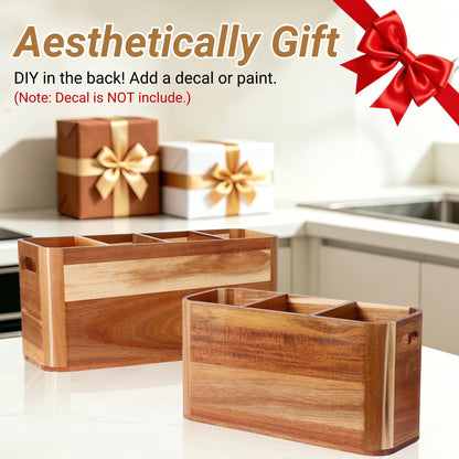 2PC Wooden Kitchen Utensil Holder for Countertop - Wall-mountable Large 4+3 Compartment Acacia Wood Organizer, Rustic Minimalist Utensil Crock for Cooking Tools and Flatware Storage