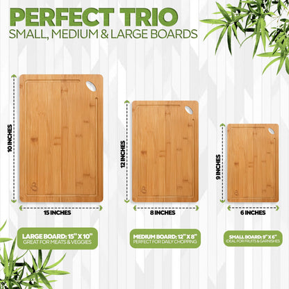 Wood Cutting Boards Set of 3 – Non-Toxic Bamboo Chopping Boards for Kitchen with Deep Juice Grooves – Durable, Eco-Friendly Wooden Serving Boards for Meat, Vegetables & Fruit