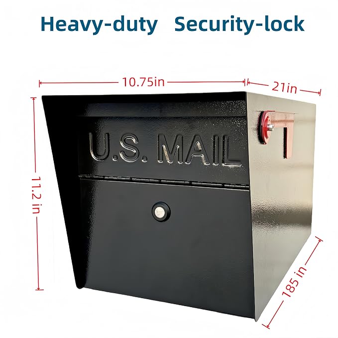 Mailbox,with Mounting Post,Comes with 4 Keys, Mailboxes for Outside,Locking Mailbox,Large,Black,Metal Mail Box,Heavy Duty,