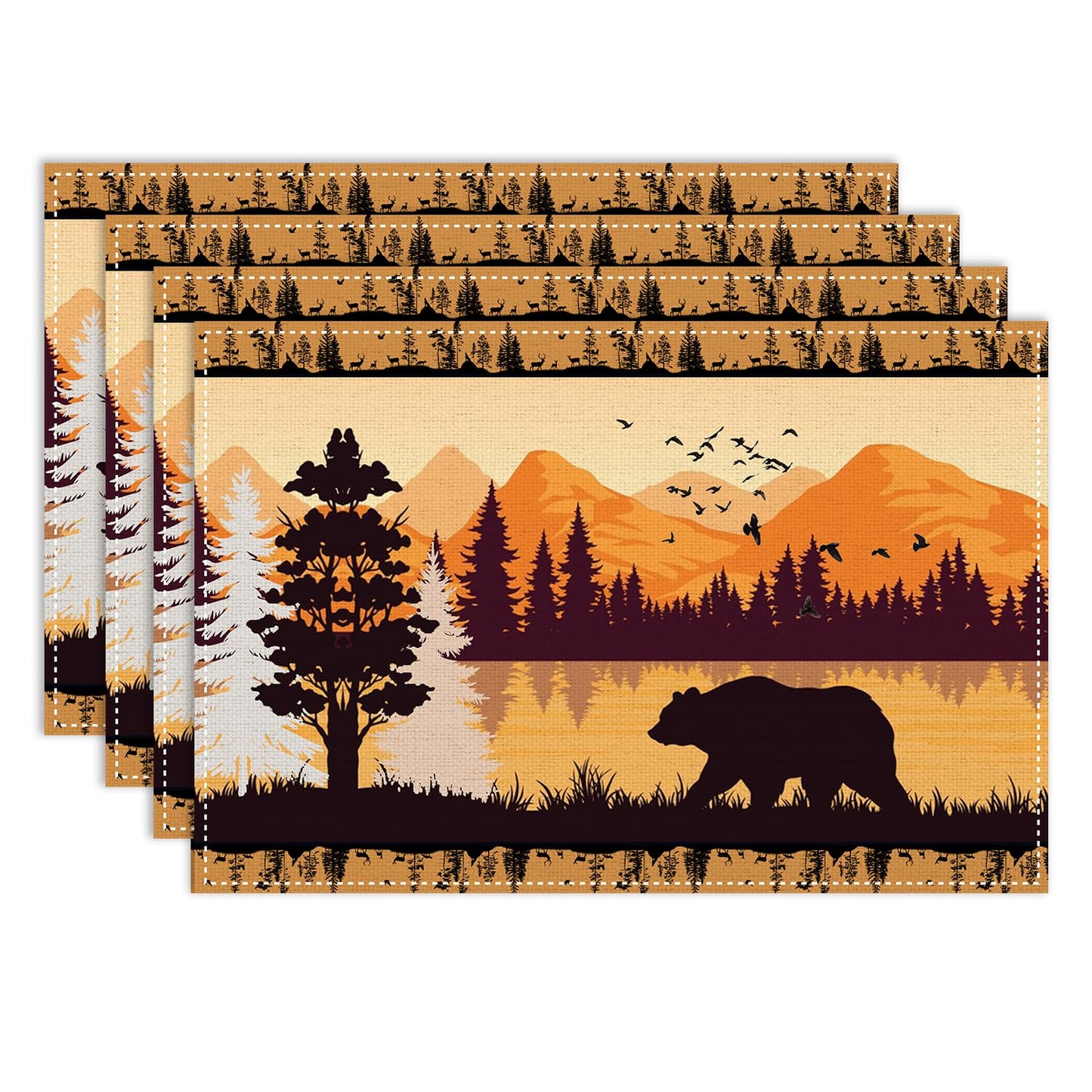 Forest Animal Cabin Placemats Set of 4, 12x18 Inch Country Bear Sunset Rustic Wooden Farmhouse Style Pine Tree Nature Printed Fall Holiday Coffee Table Mats for Party Kitchen Dining Decoration