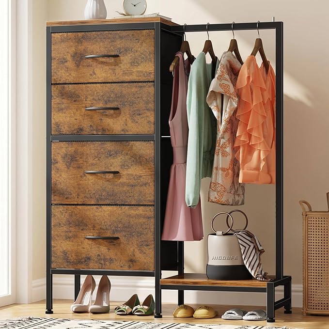 HIGDBFE Dresser with Hanging Rack, 4 Drawers Small Closet for Bedroom, Reversible Fabric Kids Chest of Drawers with Clothes Rack, Tall Storage Tower, Sturdy Frame, Rustic Brown, 44''H