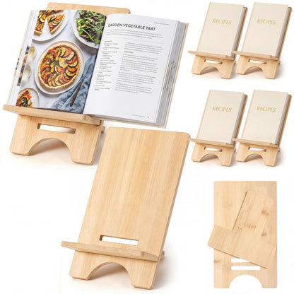 Novabright 6 Pack Adjustable Bamboo Cookbook Stand for Kitchen Counter 8 x 5 Inch Wooden Cookbook Holder for Recipe Book, Tablet, Reading, Desk Magazine Display Rack for Home Office Kitchen