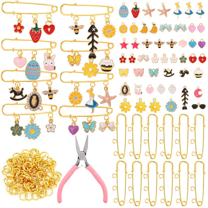 Tondiamo 131 Pcs Brooch Pins Making Kit Brooch Charms for Women Shirt Sweater Shawl Clips Bling DIY with 50 Pendants 50 Jump Rings and Tool Safety Pins with 3 Loops Bulk for Sock Pant Waist Tightener