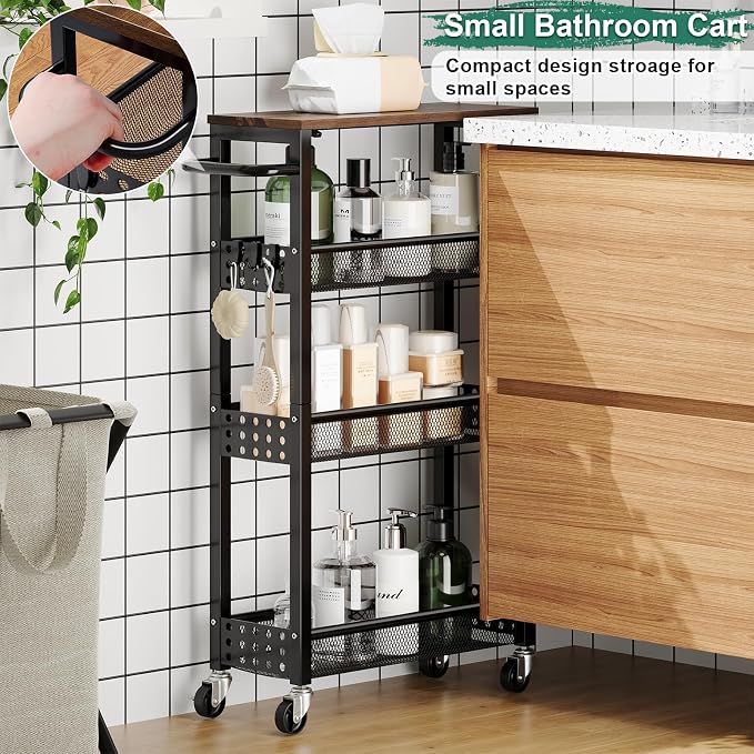 Utility Slim Storage Cart, Skinny Rolling Spice Rack with Table Top, Small Laundry Organizers and Storage Shelves for Between Washer and Dryer, Thin Shelf for Narrow Spaces, 4 Tier Bathroom Cabinet