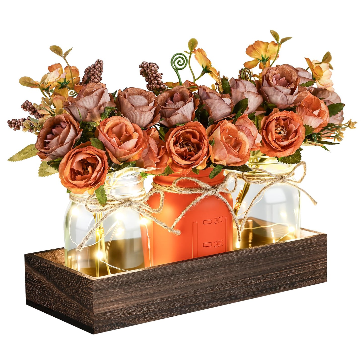 VAIPI Fall Decor Mason Jar Centerpiece Table Decorations with 3 Jar Flowers String Lights and Wooden Tray Fall Decorations for Home Dining Room Farmhouse Autumn Wedding Kitchen Living Room Bathroom
