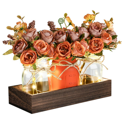 VAIPI Fall Decor Mason Jar Centerpiece Table Decorations with 3 Jar Flowers String Lights and Wooden Tray Fall Decorations for Home Dining Room Farmhouse Autumn Wedding Kitchen Living Room Bathroom