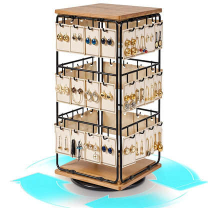 Rotating Earring Display Holder Stand for Vendors Events Selling, Large Capacity 48 Hooks Jewelry Rack with Wooden Base for Earring Card Sales, Enhances Retail Visibility