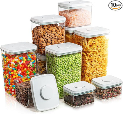 Airtight Food Storage Containers with Lids 10 PCS Pop Containers for Kitchen Pantry Organization BPA-Free Stackable Clear Pantry Storage Set with Measuring Scales for Cereal Flour Sugar Pasta Snacks