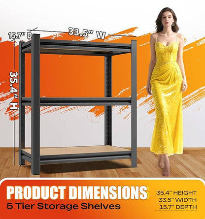 AOAORRG Garage Shelving Heavy Duty Storage Shelves, Metal Adjustable Shelving Unit, Utility Garage Organizer Shelf for Basement, Pantry, Kitchen, Warehouse, 33.5" Wx15.7 Dx35.4 H, Black