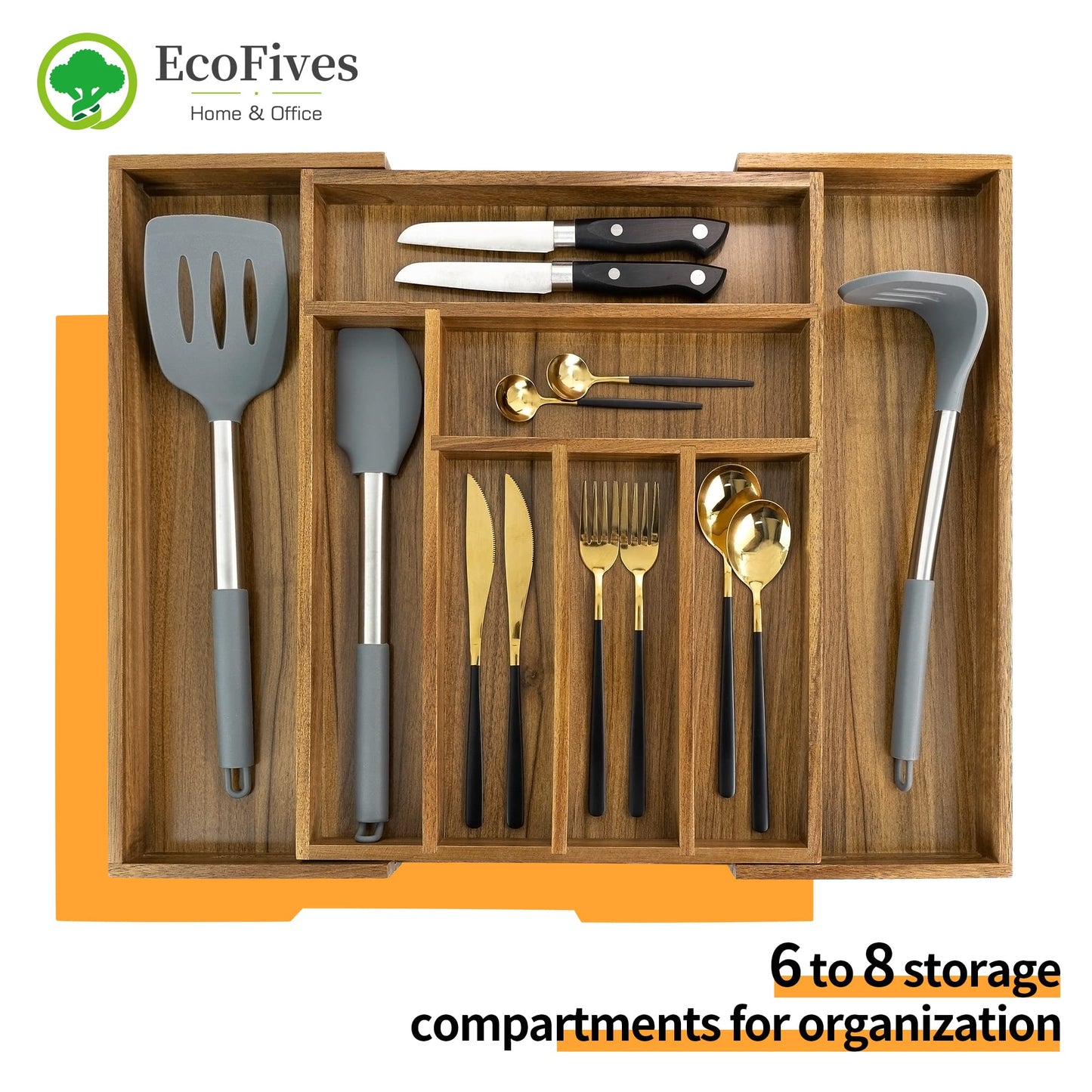 Luxury Acacia Kitchen Drawer Organizer - Silverware Organizer - Utensil Holder and Cutlery Tray with Grooved Drawer Dividers for Flatware and Kitchen Utensils (8 Slot), 17*12.4*2 inch