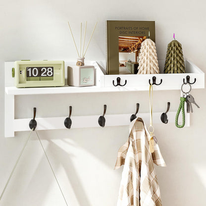 AMBIRD Wall Hooks with Shelf, 26.57 Inch Entryway Wood Coat Hooks for Wall, Coat Rack Wall Mount with 5 Dual Hooks 3 Key Hooks Mail Organizer and Key Rack Holder (White)