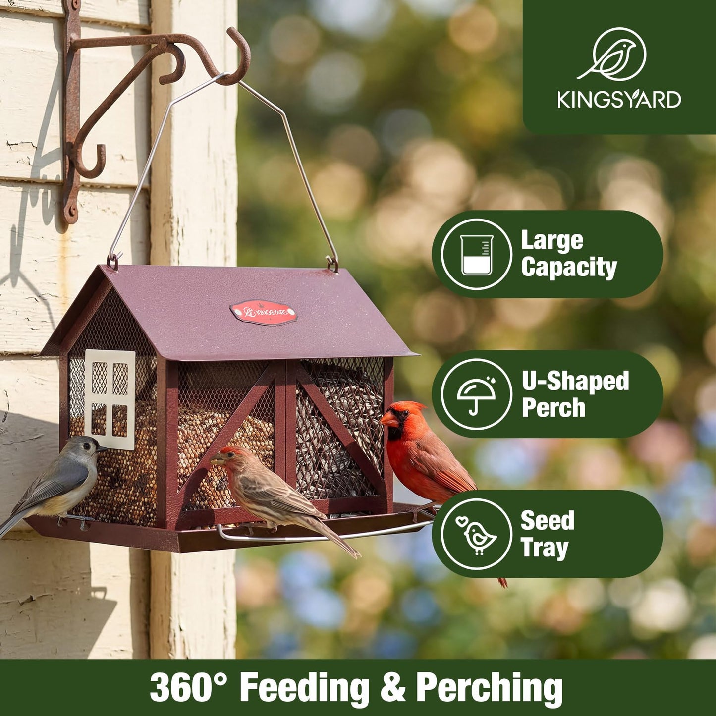 Kingsyard Metal Bird Feeder for Outdoors Hanging, 2-in-1 Wild Bird Feeder with Seed Tray & Built-in Perch, 5 lb Large Capacity for Cardinal Chickadee Finch, Bronze