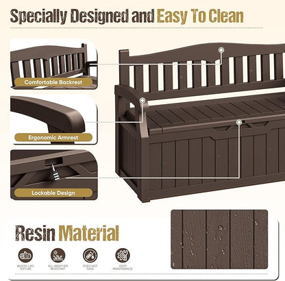 80-Gallon Outdoor Storage Bench, Waterproof Deck Box with Lockable Lid & Armrests for Patio, Garden, Pool, Brown