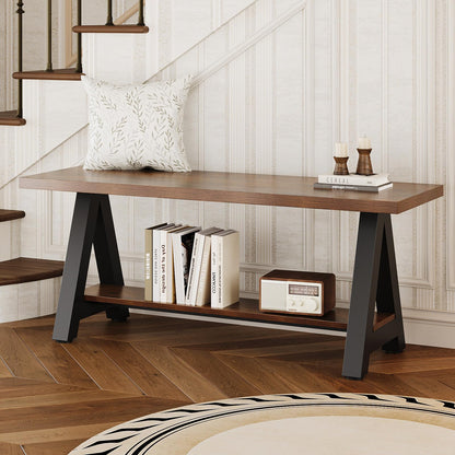 Welfuturer 43" Farmhouse Wood Bench Industrial Entryway Bench Rustic Wood and Metal Shoe Storage Bench for Entryway, Living Room, Dining Room
