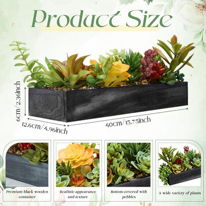 Canlierr Artificial Succulent Arrangement 16 Inch Faux Succulents Plants in Black Rectangular Wooden Pot Faux Potted Plants for Table Centerpiece Window Sill Greenery Decor