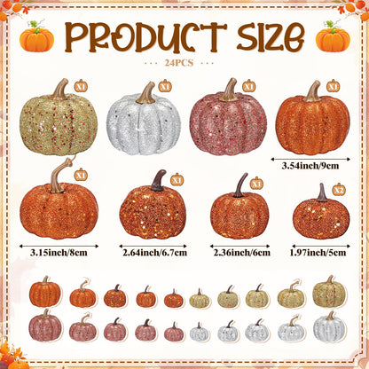 Simgoing 24 Pcs Thanksgiving Glitter Mini Pumpkin Decor Orange, Silver, Gold Small Artificial Foam Pumpkins Fall Tree Hanging Ornament Tiered Tray Decor for Autumn Thanksgiving Party Indoor Home