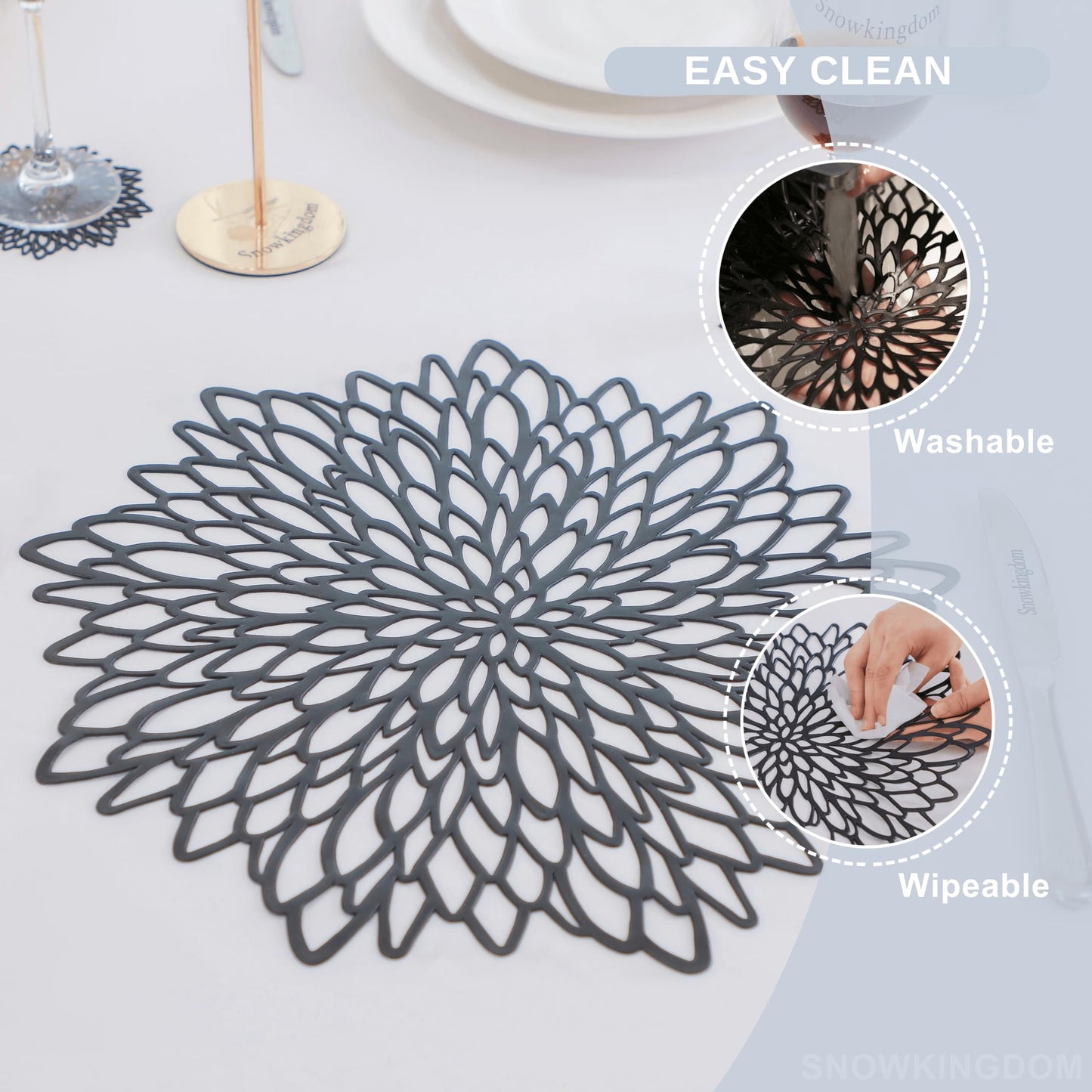 Snowkingdom 6 Pack Black Placemats Washable Pressed Vinyl Dining Table Mats Round Floral Charger Decoration for Halloween Christmas Thanksgiving