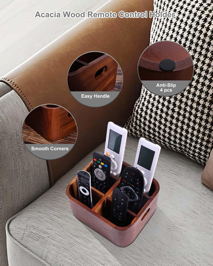 LYNG Acacia Wood Remote Control Holder Caddy, Solid Wood Organizer with 4 Adjustable Dividers & Handle, Remote Organizer for Coffee Table & Living Room