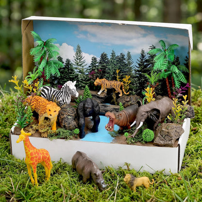 Teyva Daily 48 Pcs Jungle Diorama Kit Habitat Project Box Set Jungles Grassland Diorama Supplies Include Woodland Animal Figures Artificial Trees Fake Rocks with Gift for DIY Crafts Birthday Gifts