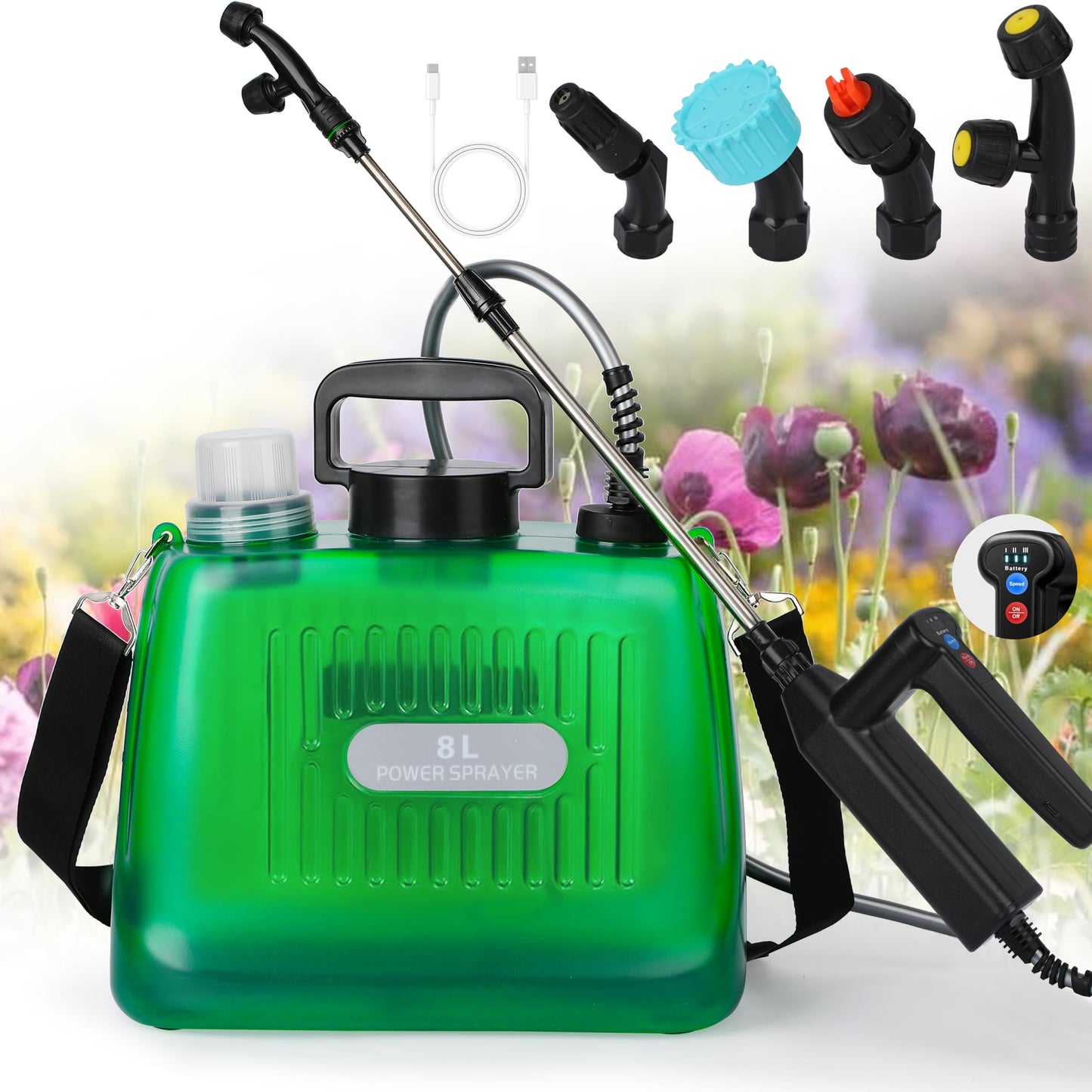 Ramarmro Battery Powered Sprayer 2 Gallon, Electric Sprayer with 4 Mist Nozzles, USB Rechargeable Handle, 32in telescopic Wand, Garden Sprayer with Adjustable Shoulder Strap for Lawn, Garden, Cleaning