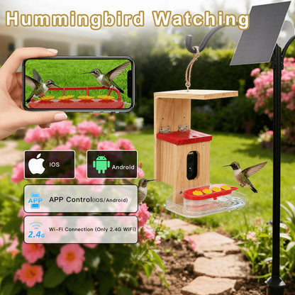Hummingbird Feeder with Camera Solar Powered, Outdoor Hanging Wooden Smart Hummingbird Feeder, Real-Time View & Motion Detection, for Garden for 2.4g WiFi Coverage Area, for Bird Lovers