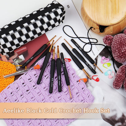 Aeelike 31pcs Crochet Hook Set, Black Gold Crochet Hooks Ergonomic with Grips for Arthritic Hands, Crochets Needles Set with Knitting & Crochet Supplies, Ideal Gift for Crocheting Beginner Lover