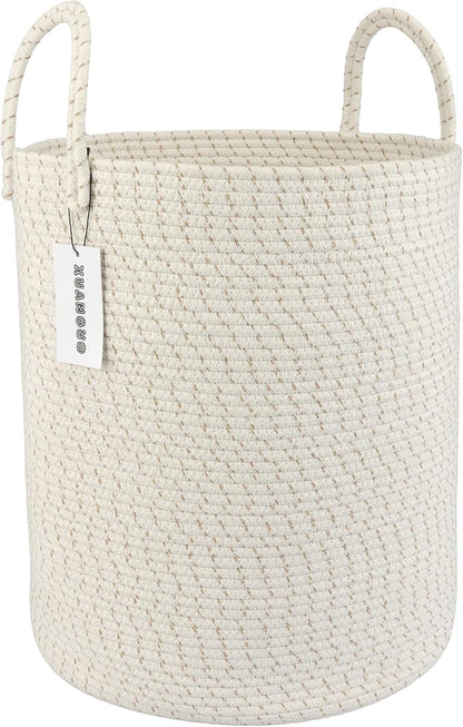 XUANGUO Cotton Rope Laundry Basket Hamper for Clothes Woven Storage Basket for Living Room Bedroom Boho Tall Rope Baskets for Blanket Toys Pillow Towels Baby Nursery Hamper Bin striped