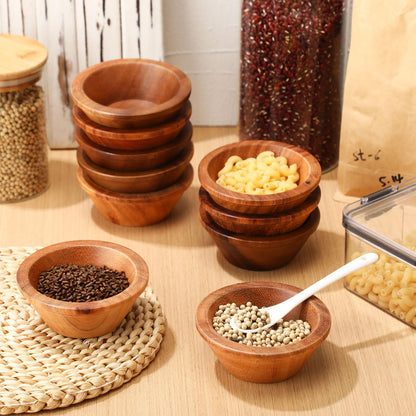 Honeydak 10 Pcs Acacia Wooden Bowls Small Calabash Bowls 4 Inch Round Wood Salad Hand Carved Calabash Dip Tray for Serving Appetizers Dips Sauce Popcorn Candy Nuts Thanksgiving Supplies Home