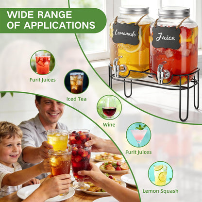 1 Gallon Glass Drink Dispensers For Parties, 2 Pack Beverage Dispenser，Lemonade Dispenser With Fruit Infuser And Stand For BBQ, Picnic, Party,Sun Tea