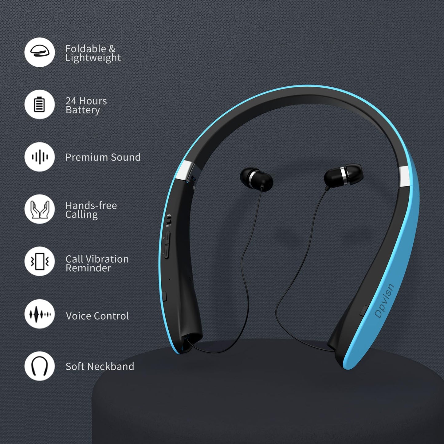 Dpvisn Bluetooth Neckband Headphones, Foldable Wireless Lightweight Neck Headset with Retractable Earbuds, Noise Cancelling Sweatproof Stereo Earphones with Mic & Carrying Case